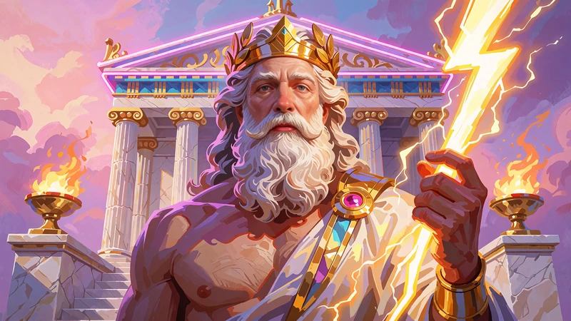 Grafika slotu Gates of Olympus - brodaty bóg piorunów z błyskawicą przed marmurową świątynią