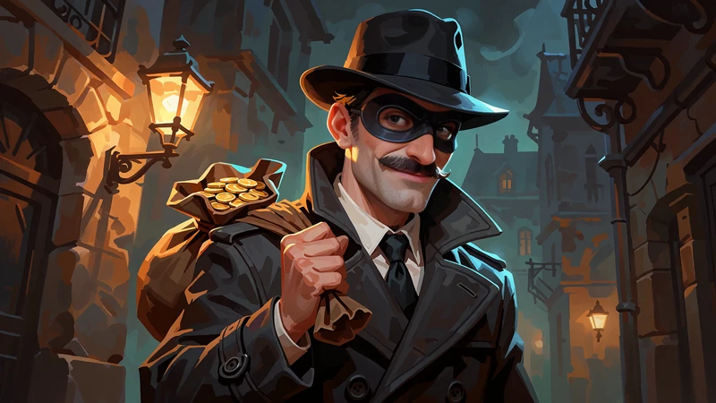 Grafika slotu Le Bandit - zamaskowany złodziej w fedorze z workiem złotych monet w stylu noir