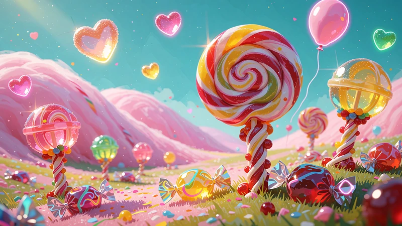 Grafika slotu Sweet Bonanza 1000 - cukierkowa kraina z lizakami i wzgórzami z waty cukrowej