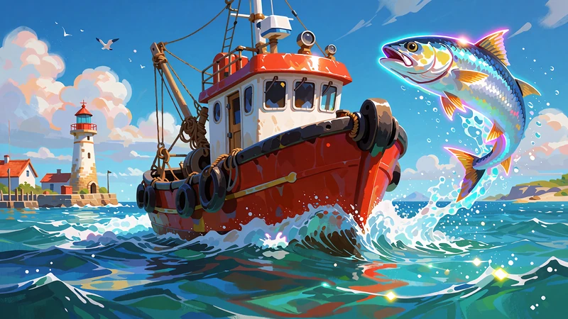 Grafika slotu Big Boat Big Catch - czerwono-biały kuter rybacki i skacząca ryba na turkusowym morzu